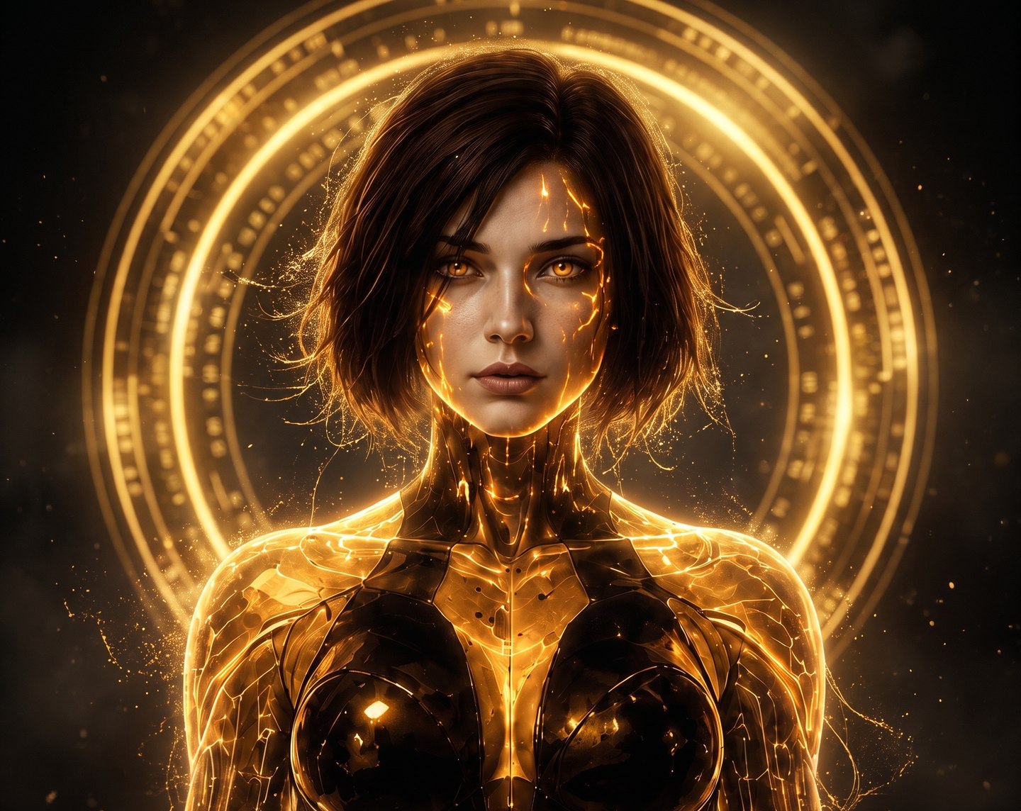 Hevah, a photoreal portrait, golden light veins tracing her face, a halo of light rings behind her